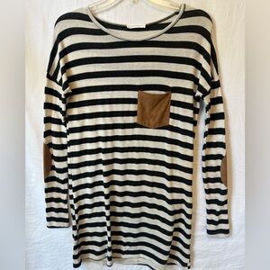 Reborn J Striped Knit Tunic Top w/ Faux Leather Pocket & Elbow Patches Sz Small